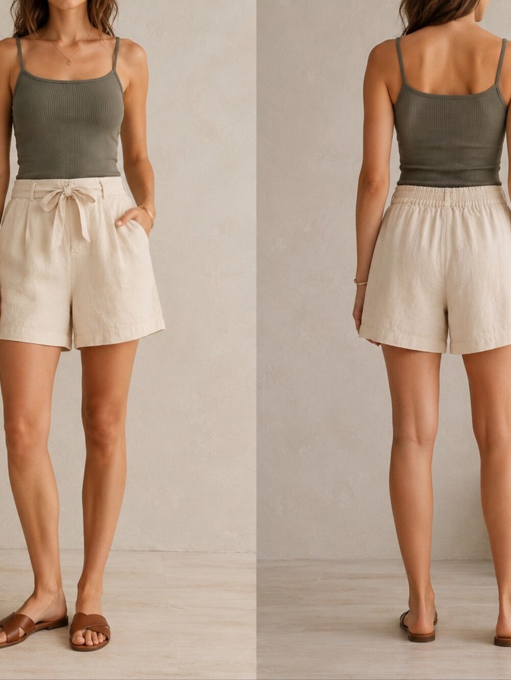 High Waist Tie-Waist Linen Blend Shorts - Cream